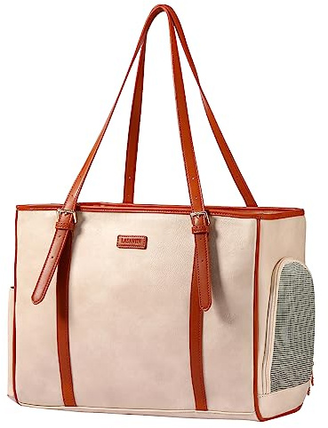 Lasaviin Modische Hundetasche Haustier-Transporttasche Ledertasche für kleine Hunde, Katzen, Welpen, tragbare Tragetasche, von Fluggesellschaften zugelassen, weichseitige Transporttaschen (Beign)