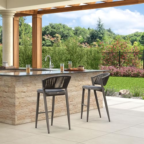 PURPLE LEAF Barhocker 2er-Set Barhocker Outdoor Barstühle Rattan mit Alu-Gestell mit Fußstütze & Lehne, gepolsterte Sitze, für hohe Theken, Steingrau