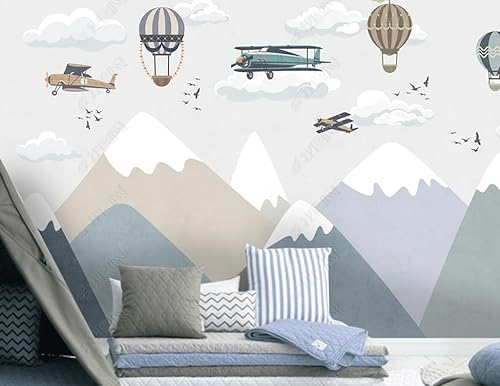 Fototapete 3D Effekt Tapeten 3D Cartoon-Landschaft, Berge, Flugzeuge, Wolken, Kinder Tapete Fototapeten Vlies Wandtapete Wohnzimmer Schlafzimmer Wand Schmücken 300Cm(W)*210Cm(H)