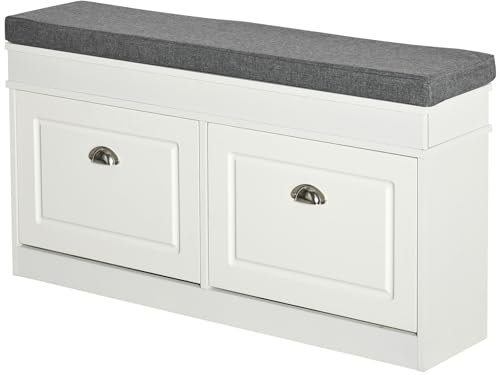HOMCOM Shoe Storage Bench with Flip Drawers, Shoe Cabinet with Seat Cushion and Adjustable Shelf for Hallway, Entryway, Living Room, Bedroom, White