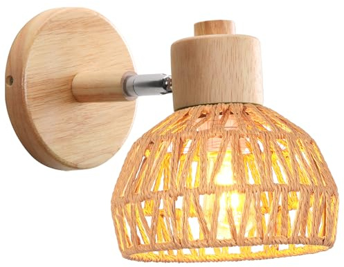 iDEGU Wandleuchte Innen Retro Wandlampe aus Holz Rattan Halbkreis Lampenschirm Vintage E27 Verstellbare Wandspot Industrie Lampe für Schlafzimmer Wohnzimmer Flur Café (15cm, Braun Rattan)