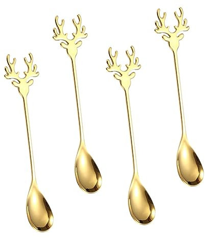 SHOWERORO 4piezas Cucharas Doradas De Acero Inoxidable Con Diseño De Alce De Cucharillas Largas Para Café Té Postres y Cócteles Para Fiestas y Uso Diario