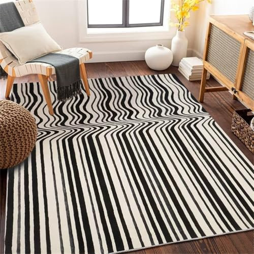QGYFRE Teppich Nach Mass Auslegware Teppichboden deko Wohnzimmer 200x260CM grau Stilvoller Anti-Flecken-Teppich mit schwarzem, abstraktem Streifendesign