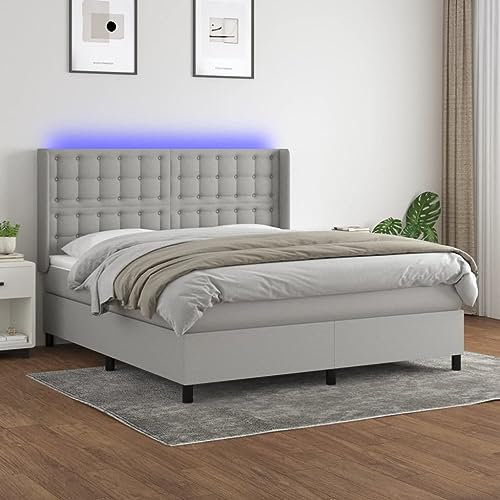 OHOOWOO Boxspringbett mit Matratze & LED Hellgrau 180x200 cm Stoff,Boxspringbett mit Matratze & LED Erholsamer Schlaf für Dein Schlafzimmer