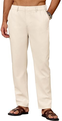 COOFANDY Men's Linen Trousers Elasticated Waist Casual Trousers Regular Fit Summer Lightweight Beach Pants with Belt Buckle and Placket
