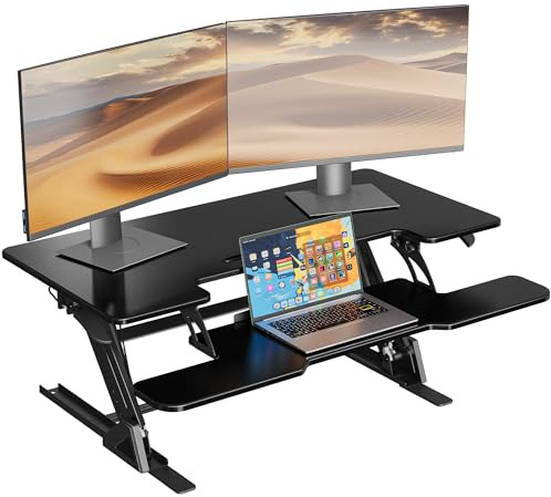 BONTEC Stehpult Höhenverstellbar mit Dual-Gasfeder, Tischaufsatz für Dual Monitor Arbeitsplatz, 107cm, 15kg Tragfähigkeit, Einfache Montage, Ergonomischer Schreibtischaufsatz für Zuhause und Büro