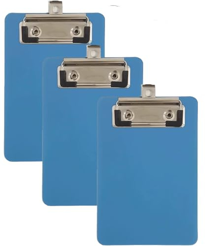 Lot de 3 mini porte-bloc avec pince en métal caoutchoutée, 10 x 15 cm, plateau d'écriture en plastique, clip pour carnet, reçus, liste (bleu)