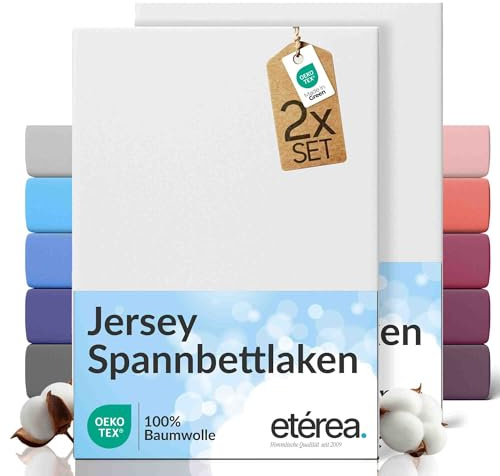 etérea Jersey 2er Set Spannbettlaken 180x200cm - 200x200cm Weiss bis 25 cm Höhe - 100% Baumwolle Spannbetttuch Oekotex - Doppelpack Bettlaken 180x200 cm - 200x200 cm - White