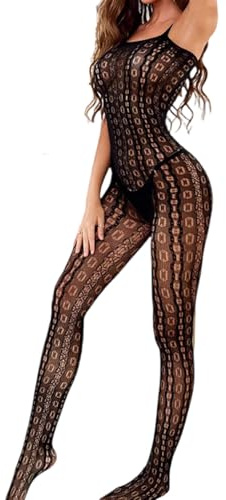 Sexy Lingerie Women Fishnet Bodystocking Cutout Strappy Mesh Bodysuit Sleeveless Halter Body Stockings See Through One Piece Stretchy Jumpsuit Rave Babydoll for Halloween Party Clubwear (Style A)