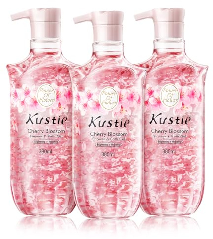 Kustie Lot de 3 gels douche en fleur de cerisier avec de véritables pétales - 3 x 380 ml - Bain de douche nourrissant avec extrait japonais et huile d'argan - Pour peaux sensibles - Sans parabène ni