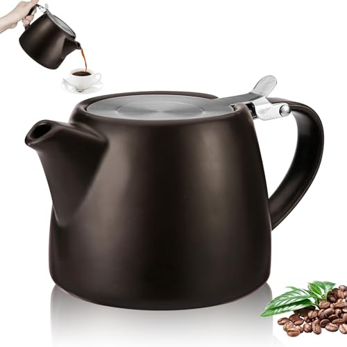 GOEDCH Tetera de porcelana: cafetera de cerámica negra con infusor, 500 ml Tetera de cerámica con tapa de acero inoxidable, hervidor de café, vajilla de porcelana, tetera de té