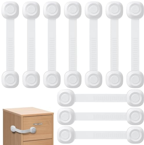 ECHOCUBE Serrature di sicurezza per cassetti per bambini, serrature con cinturino di sicurezza per armadietti 10 confezioni, serrature di sicurezza regolabili per armadi, frigoriferi, WC (bianco)