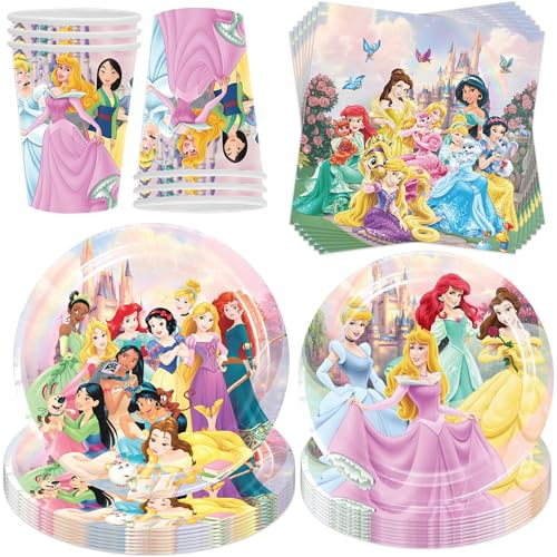 YeahBoom Set di 50 stoviglie per feste Princess, decorazioni per feste con piatti, tovaglioli, tazze, tema, feste di compleanno per bambini, per 10 ospiti