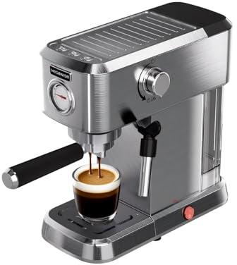 MEGAWISE Cafetera espresso de 20 bares, compacta de acero inoxidable con espumador de leche de vapor y depósito de agua extraíble para capuchino, latte, color plateado