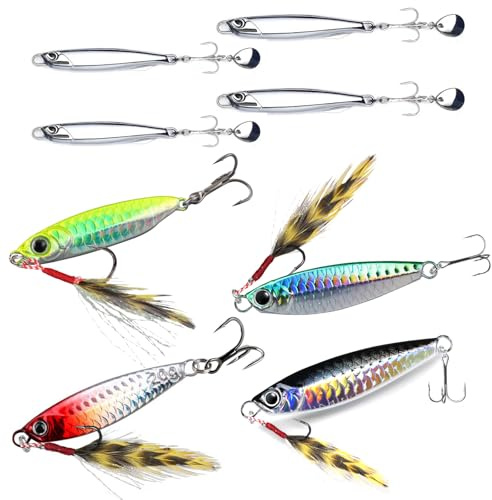 8 Pack Fishing Lures, Mackerel Lure, Electroplated Mirror and Laser Finishes for Sea Fishing Lure with Treble Hooks, Feathers, 20g and 30g Spinners, Suitable For Mackerel, Cod, And Sea Bass