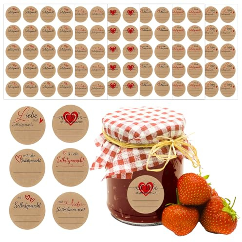 600 Etiketten Marmeladengläser, Aufkleber für Marmeladengläser, Selbstklebende Etiketten für hausgemachte Marmeladen, 5 verschiedene Designs, Braun, 3.8 cm Durchmesser
