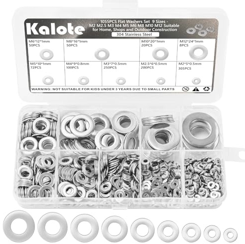 Kalote 1055PCS 304 Stainless Steel Flat Washers Set, Metric M2 M2.5 M3 M4 M5 M6 M8 M10 M12 Plain Metal Washer Assortment Kit for Automotive, Marine, Electrical & DIY Home Repairs