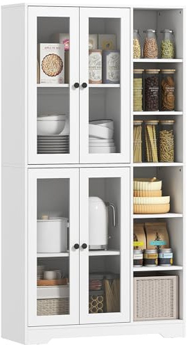 HOMCOM Küchenschrank mit 4 Soft-Close-Glastüren 90 x 35 x 172 cm Weiß