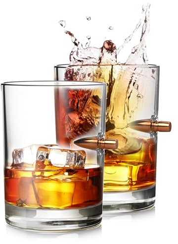 Houseables Bullet Glass, Whiskey Glasses, 308 Bullets Cup, 9.5 OZ, Set of 2, Cups With Embedded Shot, Whisky Lowball for Old Fashioned, Scotch, Bourbon, Cocktails, Dad Gift, Unique Gifts for Men