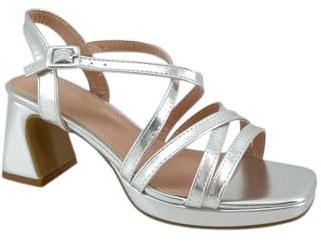 MODELISA - Sandalias de Tacón para Mujer, Tiras Cruzadas, Hebilla Ajustable Tobillo para Boda Fiesta Noche Evento Ceremonia (Plateado, Sistema tallas calzado EU, Adulto, Mujer, Números, mediano, 40)