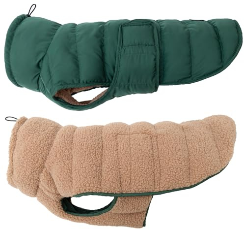 Wanderpfote Hundemantel Beidseitig Tragbar, Puffer-Design – Cozy Sherpa Fell oder Moderne Puffer-Jacke - Wendbare Hundejacke, Hunde Wintermantel (Grün/Beige, 40)