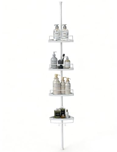 Sekey Duschregal Ohne Bohren Weiß - Duschablage Teleskop mit 4 Körben, Höhenverstellbar 79-315 cm, Stabiler Stand & Eck-Design für Badezimmer