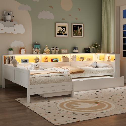 Merax 90x200 Holz-Plattformbett in L-Form mit Ausziehbett, Schublade, LED-Beleuchtung und Ladestation, Weiß, Funktionsbett für Kinderzimmer und Jugendzimmer