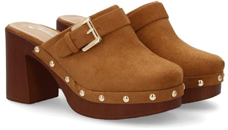 99744 Zueco de Tacon Ancho con Plataforma, Diseno Tipo Sueco para Mujer. Estilo Artesanal, Suela de Madera Sintetica, Punta Cerrada Tachuelas metalicas y Hebilla Decorativa, Primavera Camel Talla 37