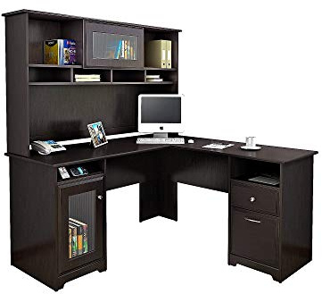 Bush Home Cabot L Shaped Desk with Hutch, Corner Desk with Storage for Home Office in Espresso Oak, 60W L Shaped Computer Desk