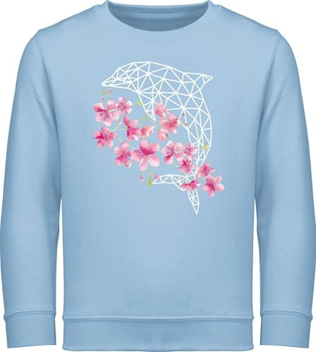 Sweatshirt Kinder Pullover für Jungen Mädchen - Tiermotiv Animal Print - Delfin mit Blumen - 152 (12/13 Jahre) - Hellblau - tiermotive dolphin reitpullover tiermotiven delphin kinderpulli tier