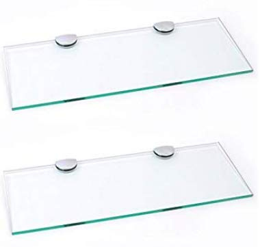 BSM Marketing Set mit 2 langen Glasregalen mit Chromstützen, für Badezimmer, Schlafzimmer, Küche, Büro (400 x 150 mm), ca. 40,6 x 15,2 cm