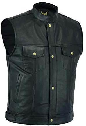 Leatherick SOA Chaleco de motociclista de cuero genuino para hombre, botones abiertos para montar y corte de moda estilo chaleco, con bolsillos profundos (FR/ES, Números, 54, Regular, Regular)