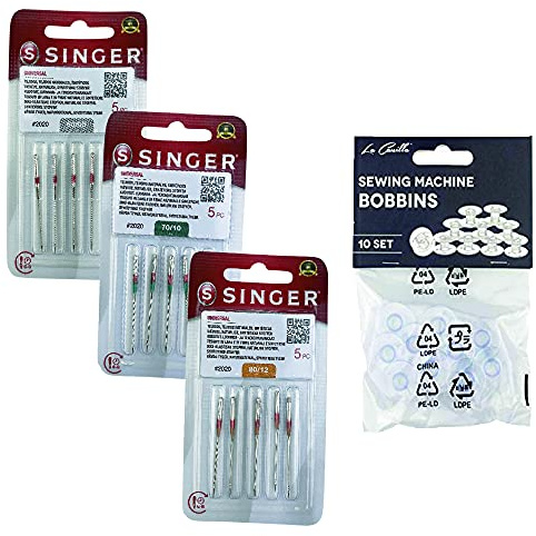 15-pack 2020 Singer symaskinsnålar 2020 universella tyger, bomull och syntet, system 130/705 H (platt sida med en sida) tjocklek 60–70–80 (fina genrer) 10 genomskinliga ringar