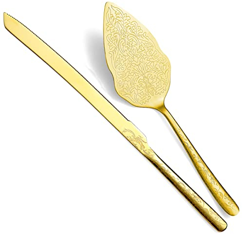 Berglander Gold Hochzeitstorte Messer und Servierset, Titan Vergoldung mit einzigartigem Muster Design Tortenmesser Servierset Perfekt für Hochzeit, Geburtstag, Partys