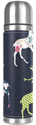 Thermoskanne mit Blumen-Hirsch-Muster, vakuumisolierte Wasserflasche, kompakt, Edelstahl, Kaffee-/Reisebecher, 500 ml
