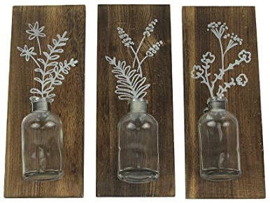 Set mit 3 Holzrahmen-Glasflaschen Wandvasen im Bohemian-Stil, Boho-Dekor