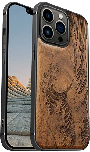 Carveit Magnetisch Hülle für iPhone 13 Pro Case [Elegante Walnuss] [Weich TPU Stoßstange] Stoßfeste Handyhülle Kompatibel mit 13Pro Magsafe Hülle Holz （Die große Welle vor Kanagawa） | Handyhulle kompatibel MagSafe Massivholz für iPhone 13 Pro Handyhülle Stoßstange Weich TPU Case