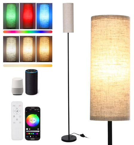 Neoglint Lampadaire Sur Pied RGB Pour Salon,Contrôle Via App et Commande Vocale,3 Températures de Couleur,Design Moderne Avec Abat-Jour en Tissu, Interrupteur au Pied, Télécommande et Ampoule E27 10W