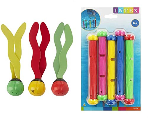 Intex Underwater Swimming/Diving Pool Toy Sinking Fun Balls (3 Pack)-Multi color & Summer Fun Swimming Pool Dive Sticks - 55504