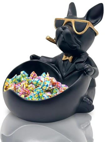 OKESYO Französische Bulldogge Statuen mit Tablett, Französische Bulldogge Taschenleerer, Französische Bulldogge Statuette Schlüsselschale für Wohnzimmer, Eingangstisch, Heimdekoration