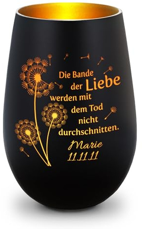 GRAVURZEILE Portacandela antivento con incisione – Fiore di leone – Personalizzato con nome e data – Lanterna in vetro – Luce funebre per funerale o come ricordo – Colore nero/oro