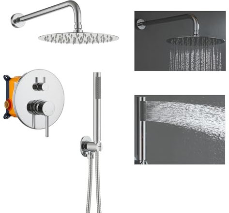 Hochdruck-Duschsystem mit 25,4 cm rundem Regenduschkopf und Handbrause zur Wandmontage, Duscharmatur-Set, Kombi-Set mit 2-in-1-Handbrause für Badezimmer, Chrom
