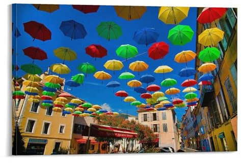 LBLmoney Leinwandbild mit lustigen Regenschirmen in Frankreich, spielendes Bild, Druck, dekoratives Wandbild für das Badezimmer, fertig zum Aufhängen, 30 x 45 cm