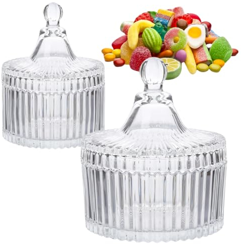 Bakiauli 2 Stück Kristall Bonbonglas mit Deckel, Transparent Vintage Glasbehälter Schmuck Aufbewahrungsglas für Party Dekorative Geschenke Weihnachtsfeier Hochzeit (100ml+300ml)