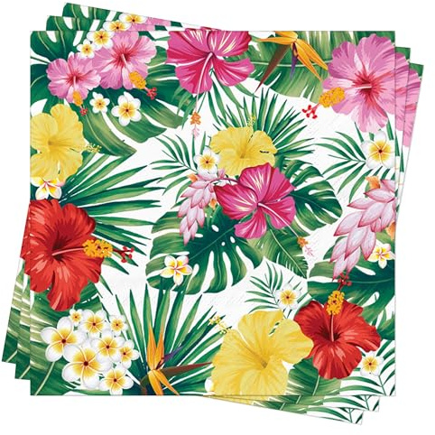 Hawaiiska tropiska sommarservetter dekorationer – 40 st sommarfest lunch pappersservetter engångsservett Luau Hawaii bordsdekorationer palmblad servetter pool festtillbehör 33 x 33 cm