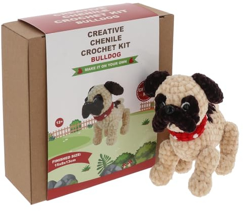 Shudehill Giftware Kreative Chenille-Häkelsets Bär, Hase, Pferd, Ente, Hund, Fee und mehr – perfekt zum Lernen oder für erfahrene Häkeln (Bulldogge)