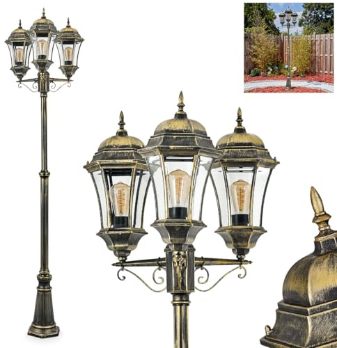 HOFSTEIN Kandelaber Etoe, Außenwegeleuchte aus Metall/Glas in Schwarz/Goldfarben/Klar, Wegeleuchte im Landhaus/Antik/Retro/Vintage-Design für Garten, Außenbereich, Hof, Höhe max. 250 cm, 3 x E27, IP44
