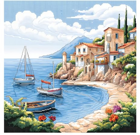 51buyoutgo Kreuzstich Set Vorgedruckt Buchtlandschaft, Stickvorlagen Stickbilder Vorgedruckt Kreuzstich Stickpackungen Stickpackung Cross Stitch Embroidery Kit Stickset Sticken Set Erwachsene Anfänger
