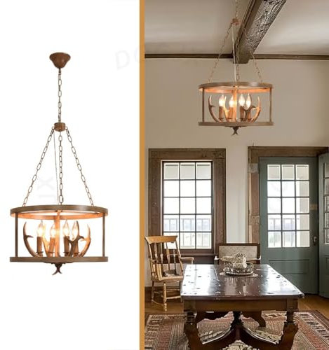 DOCJX Vintage Pendelleuchte Geweih Kronleuchter Schwarz E14*4 Eisenkunst Industriestil Esstischlamp Lampenschirm American Ländliche Hängeleuchte Höhenverstellbarer Wohnzimmer Schlafzimmer Deckenleucht