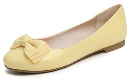 Feversole Women's Round Toe Cute Bow Trim Ballet Flats Dolly Shoes Yellow Patent 6 UK